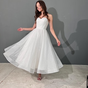 Midi wedding dress, glitter wedding dress, elopement dress, reception dress