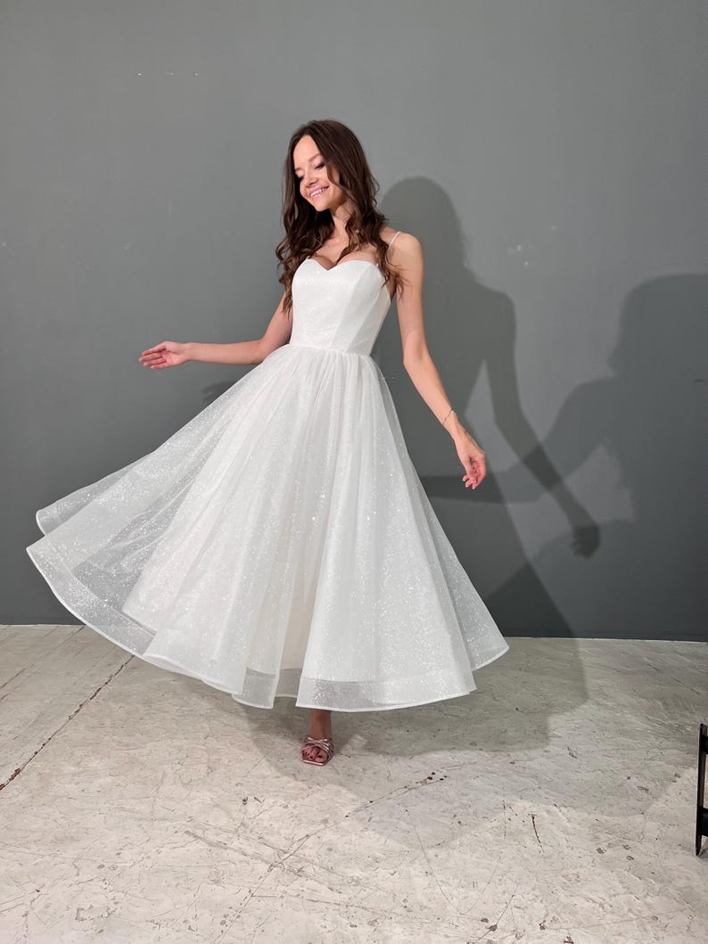 Midi wedding dress, glitter wedding dress, elopement dress, reception dress