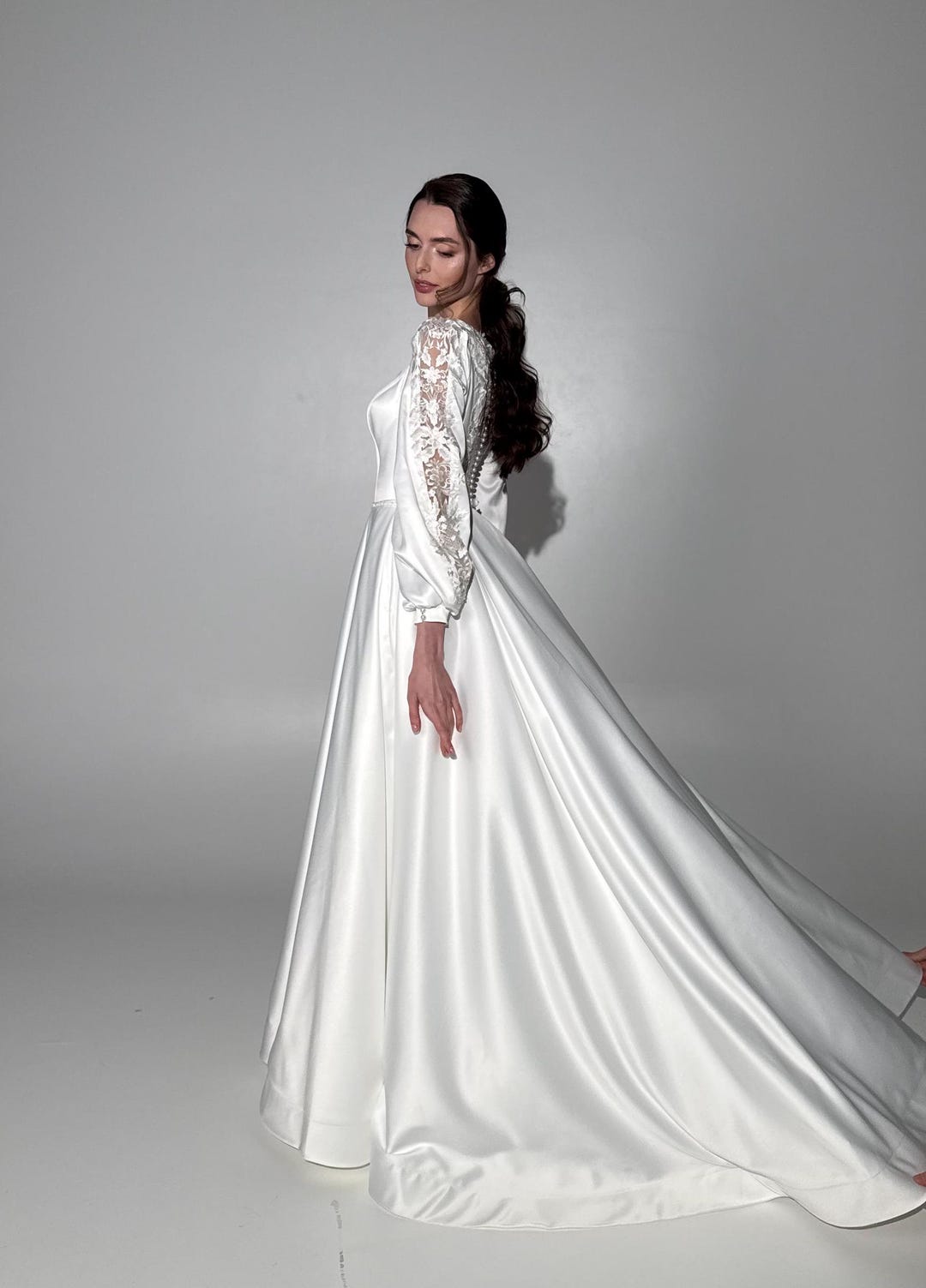 Princess A Line Satin Puffy Sleeve Wedding Dress