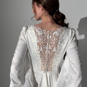 Vintage Satin Tiered Lace Puffed Sleeves Embroidery Wedding Dress DP7254 main image 1