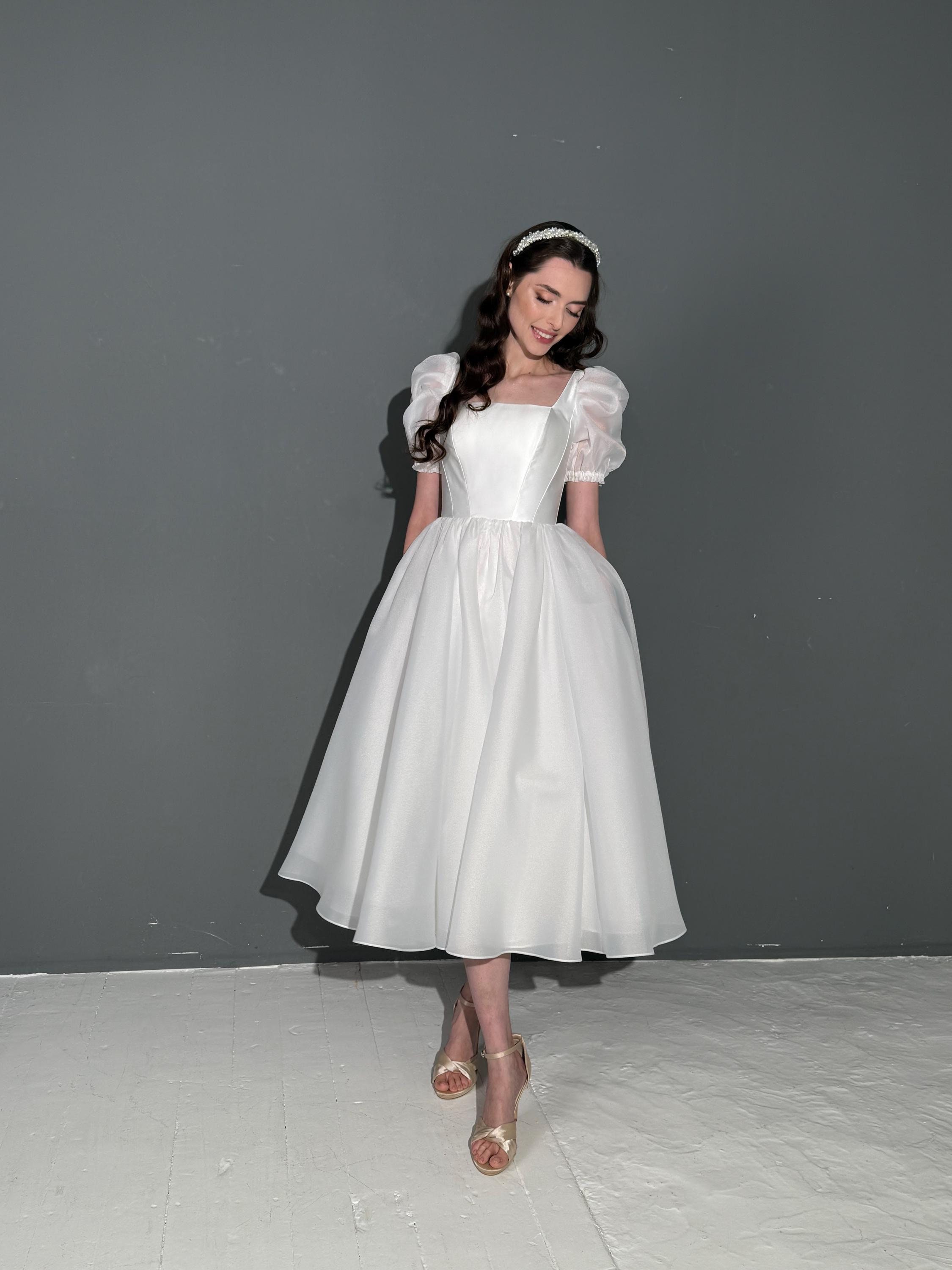 Tea Length Puffed Sleeve Dress