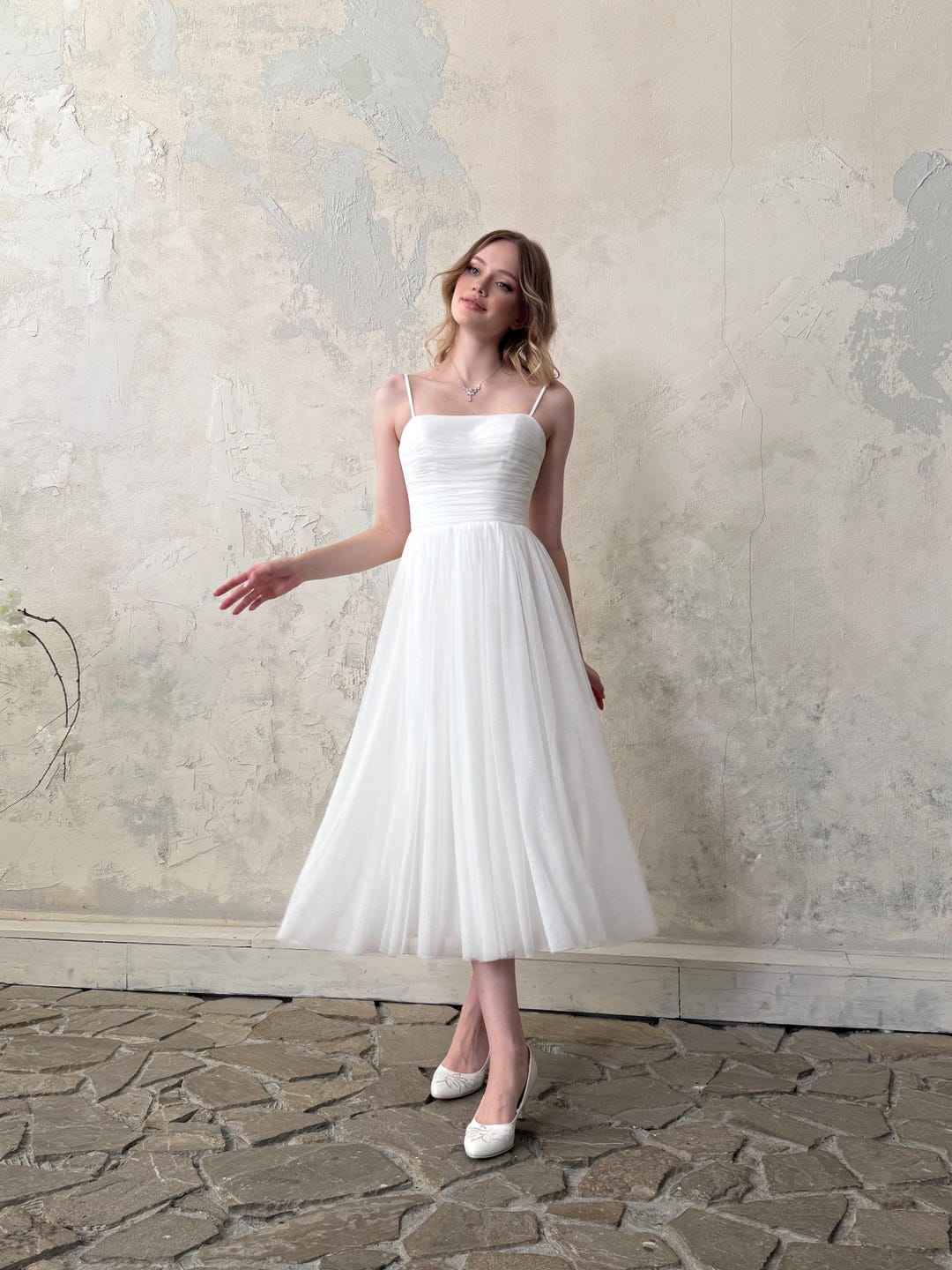 Ethereal Ivory Tulle Midi Wedding Dress With Draped Corset for ...