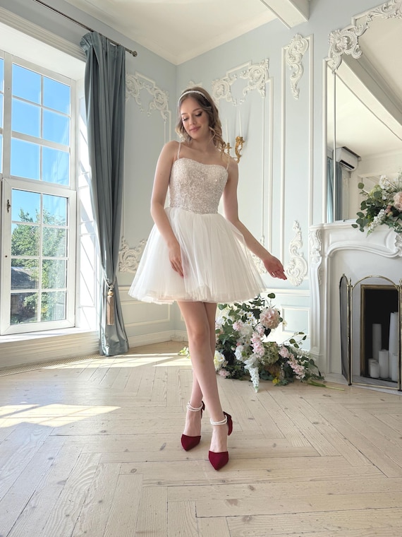 Fairy Mini Wedding Dress: Embroidered Corset, Puffy Tulle Skirt