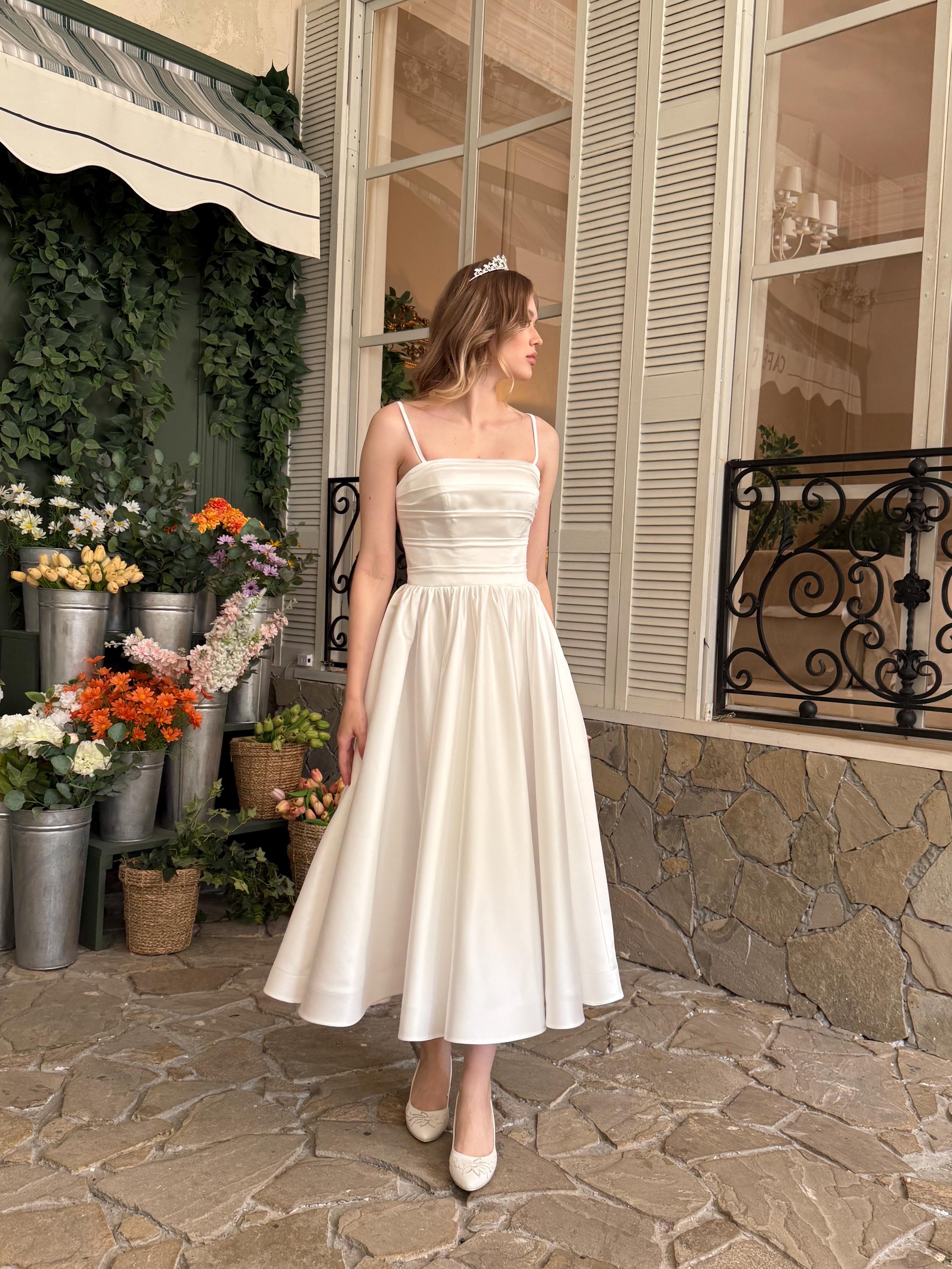 tea length wedding dress satin Tea Length Satin Corset Wedding Dress With Pockets  Lisposa