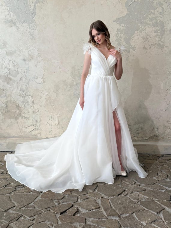 Ethereal Organza Wedding Dress: 3D Floral Cap Sleeves, High Slit Ethereal Organza Wedding Dress: 3D Floral Cap Sleeves, High Slit