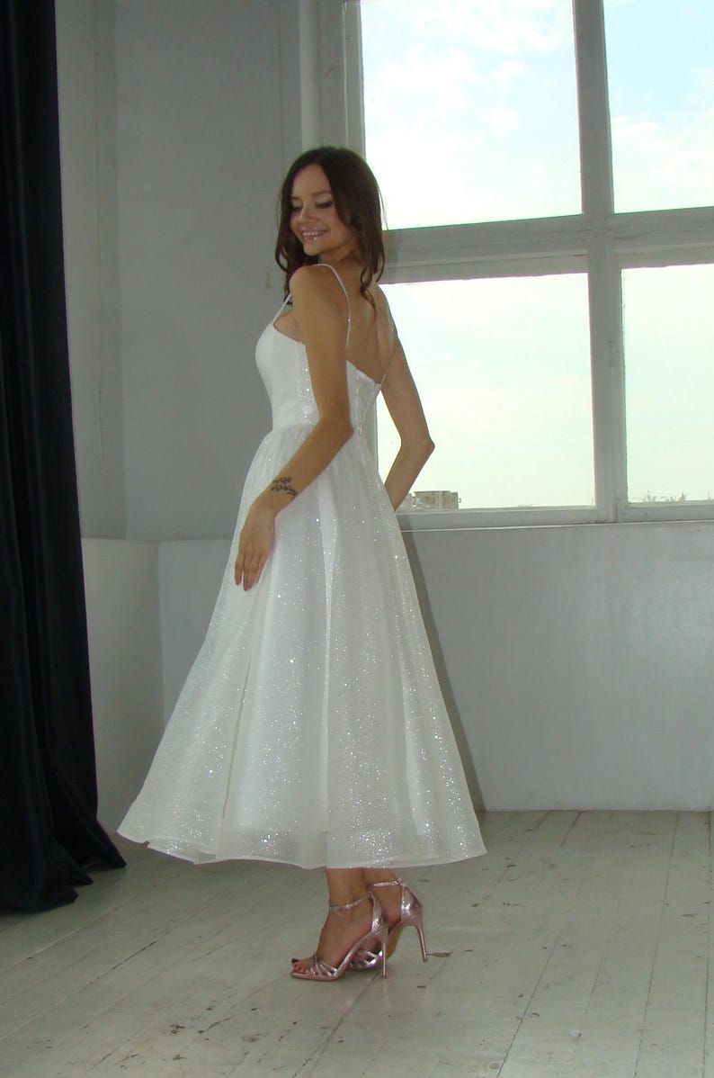 Sparkling wedding dress, short wedding dress, midi wedding dress
