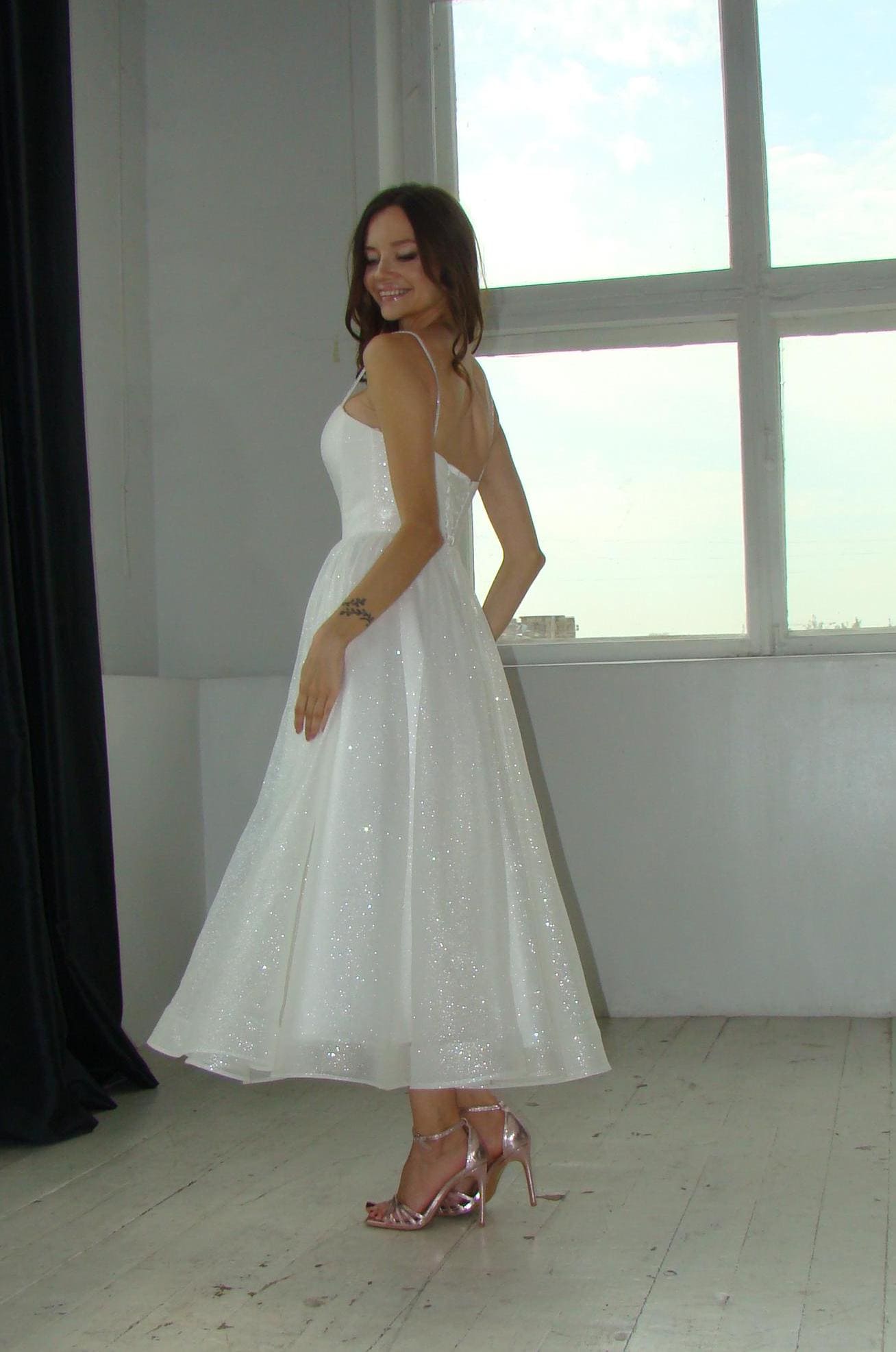 sparkly midi wedding dress Ivory Glitter Midi Wedding Dress: Sparkly Corset Bridal Gown