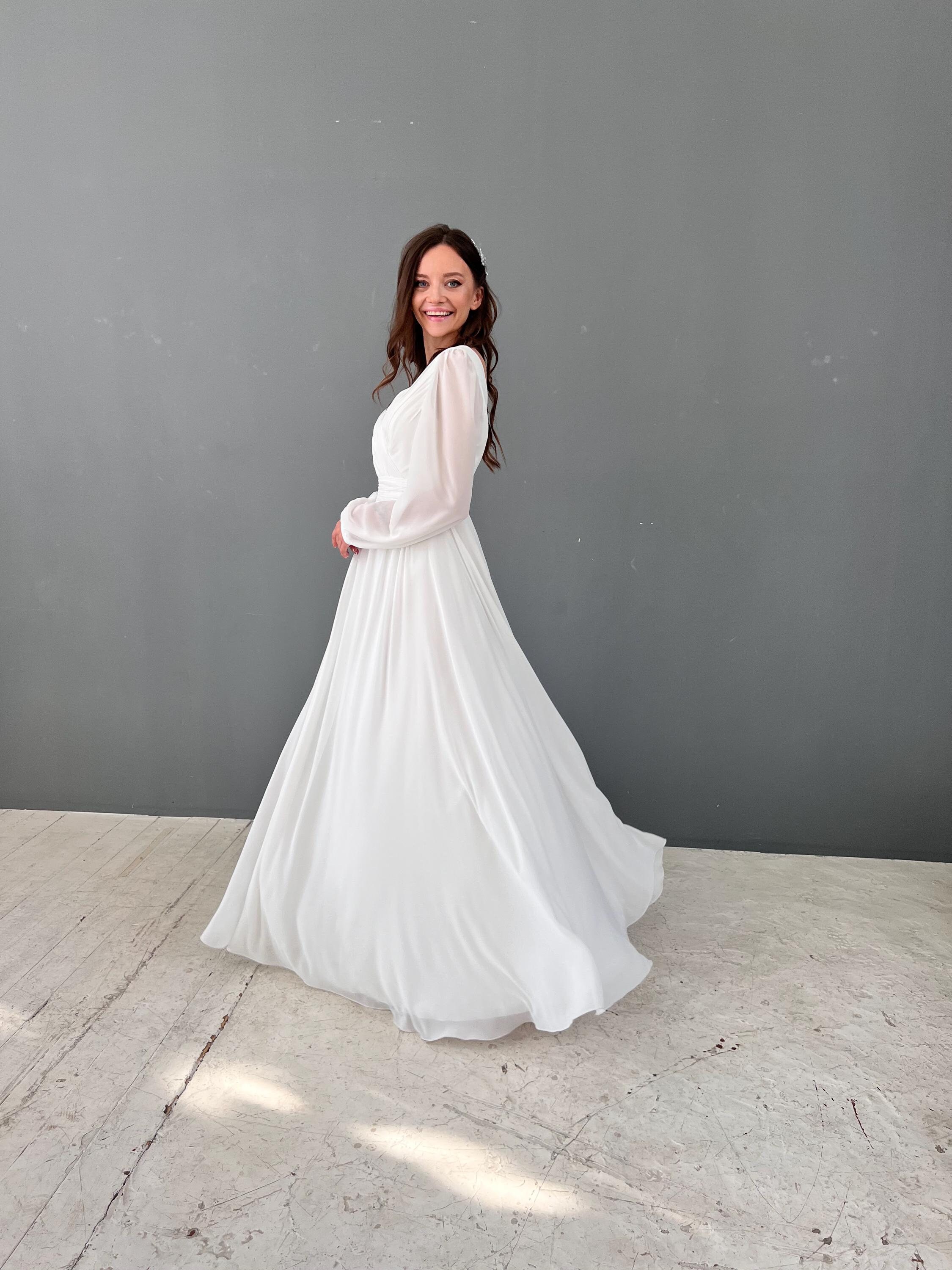 Chiffon Modest Wedding Dress, Rustic Wedding Dress, Long Chiffon Dress, Chiffon Bridal Dress, Simple Wedding Dress