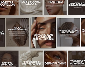 Plantillas de Instagram sobre dermaplaning / Publicaciones de dermaplaning en redes sociales / Plantillas para esteticistas / Publicaciones sobre tratamientos faciales / Plantillas para el cuidado de la piel