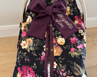 Baby - Black and Maroon Floral Roses Baby Car Seat Cover - Baby Shower Gift - Baby Girl