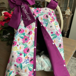 Baby Car Seat Canopy Cover - Floral boho blossoms, purple, pink, All Cotton or Minky - Baby Girl - Shower Gift