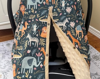 Safari Animals Baby Car seat Cover - Elephants Giraffe Zebra Tiger Jungle - Baby Boy - Canopy cover