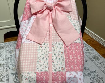 Baby Girl Carseat Cover - Patchwork Style - Pink Bows Gingham and Floral - Shower Gift