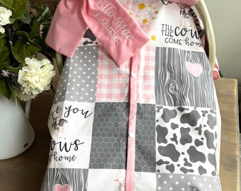 Baby Car Seat Cover for Girls - FARM LIFE in Pink and Gray - Love you til the Cows come home - All Cotton or Minky - Baby Girl - Shower Gift