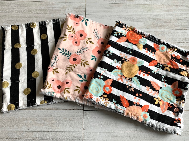 black stripe 3 Layers Thick Cotton and Flannel peach baby Shower gift Super Soft Rag Baby Burp Cloths Floral coral leaves