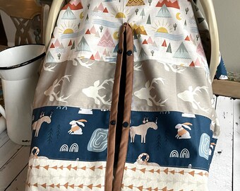 ¡OFERTA! Fundas para capotas de sillas de coche de bebé - Estilo patchwork - Árboles y montañas - Conejos con astas de ciervo - Animales del bosque - Bebé niño - Regalo para baby shower