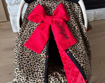 Super Cute Baby Car Seat Covers - Cheetah and Red Minky - Bow Incl - Baby Girl - Shower Gift - Options