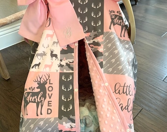 Cute Baby Car Seat Canopy Cover - Woodland Deer and Camo in Blush Pink and Gray - Large Bow INCL - Cotton or Minky - Baby Girl - Shower Gift