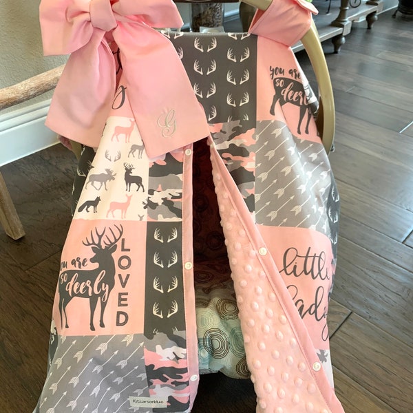 Cute Baby Car Seat Canopy Cover - Woodland Deer and Camo in Blush Pink and Gray - Large Bow INCL - Cotton or Minky - Baby Girl - Shower Gift