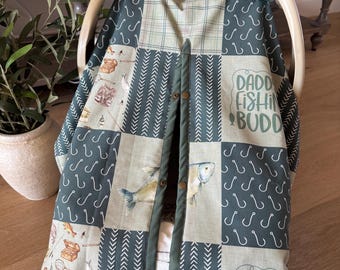 Daddys Fishing Buddy - Baby Car Seat Canopy Cover  - All Cotton or Minky - Baby Boy - Shower Gift