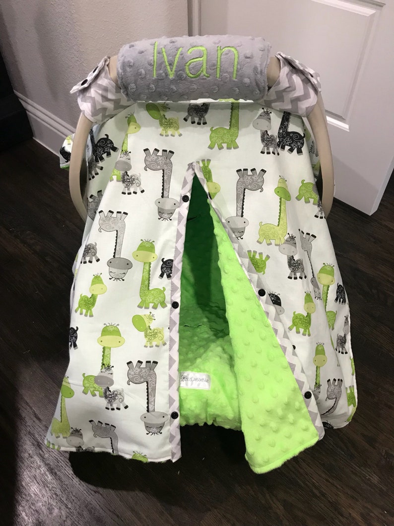 Super Cute Lime Green Gray And Black Giraffe Minky Baby Car Seat Cover Shower Gift Boy