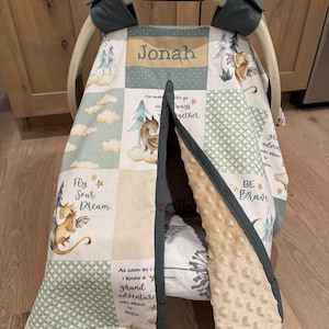 Cute Baby Car Seat Canopy Cover - Nursery Dragons - All Cotton or Minky - Baby Boy - Shower Gift