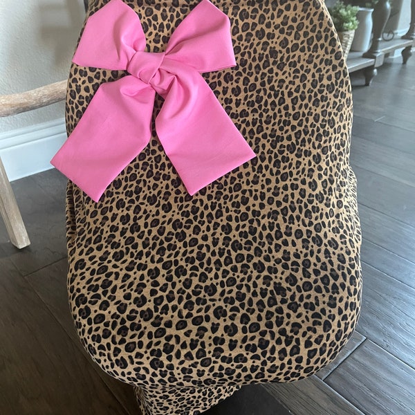 3-in-1 Stretchy Baby Car Seat Cover - Cheetah print - Baby Girl - Nursing and Shopping Cart Cover - Bow Optional