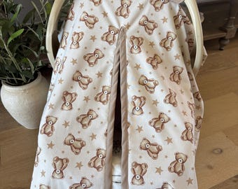 Teddy Bear Baby Car Seat Canopy Cover - All Cotton or Minky - Baby Boy - Shower Gift