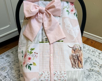 Farm Life Baby Girl Car Seat Cover Pink Cows Tractors Cotton Minky Blend
