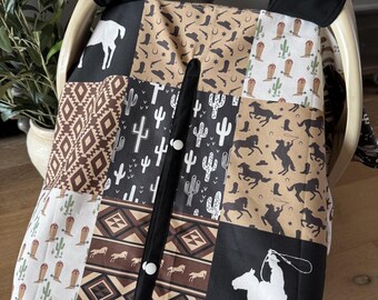 Cowboy Wild West Baby Car Seat Canopy Cover - All Cotton or Minky - Baby Boy - Baby Shower Gift