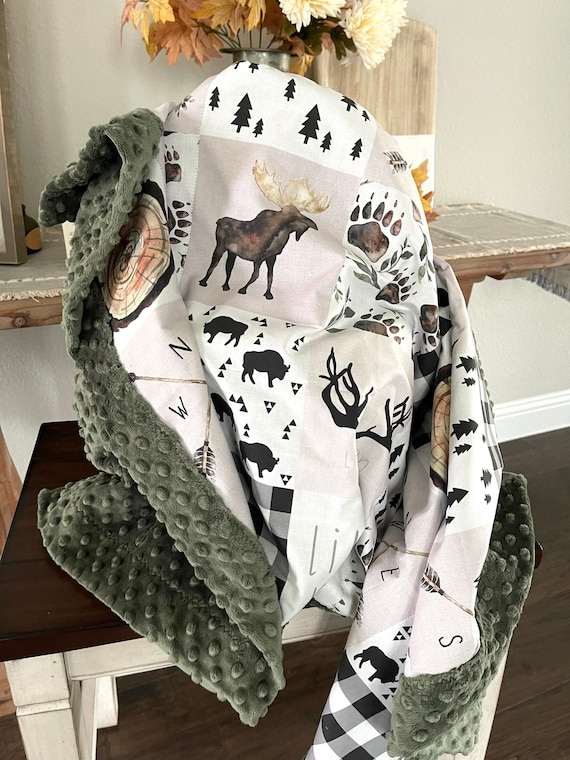 Couverture de bébé Minky confortable petit homme Woodland Animal avec  couverture de bébé Minky vert chasseur cadeau de Shower de bébé -   France