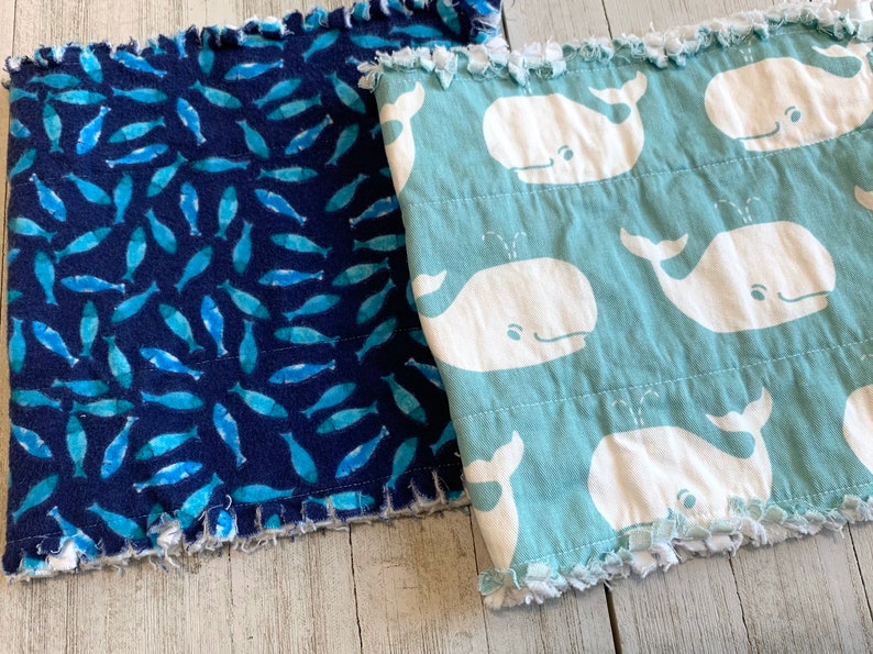fish navy baby Shower gift aqua 2 Pc Set Super Soft Rag Baby Burp Cloths whales blue
