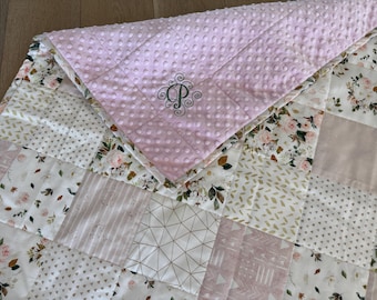 Whole Cloth Quilt - Pink Magnolia Floral Baby Blanket - Baby Girl Shower Gift