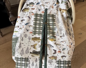 Cute Baby Car Seat Canopy Cover - Camping Fishing - All Cotton or Minky - Baby Boy - Shower Gift