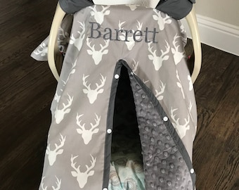 Baby Car seat Covers - Organic Cotton - Deer Buck in Gray - Cream with gray minky - shower gift - antler - hunting