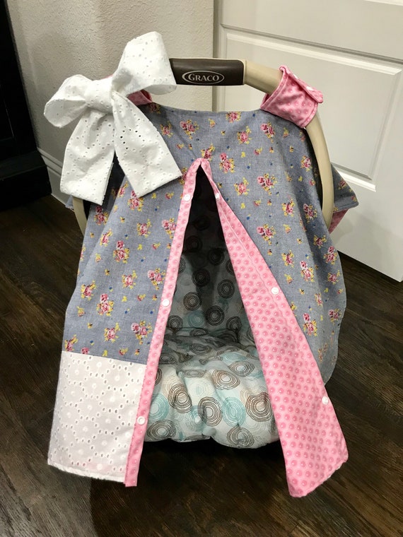 Baby Car Seat Cover Denim Chambray Blue And Pink Fl Girl Shower Gift Ready To Ship Cat