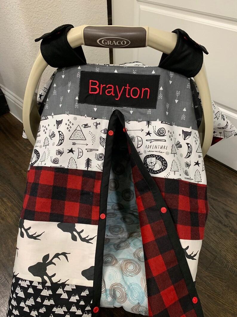 Baby Car Seat Canopy Strip Cotton Buffalo Plaid Trees Etsy