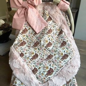 Baby Car Seat Cover / Opt Blanket for Girls - Highland COWS and Floral - All Cotton or Minky - Baby Girl - Shower Gift