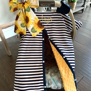 Baby Car Seat Cover - Navy Stripe with Sunflower Bow - Cotton or minky - baby Girl - Canopy Cover  - Stripes