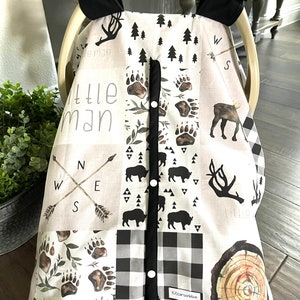 Cute Baby Car Seat Canopy Cover - Little Man Woodland Animal - All Cotton or Minky - Baby Boy - Shower Gift