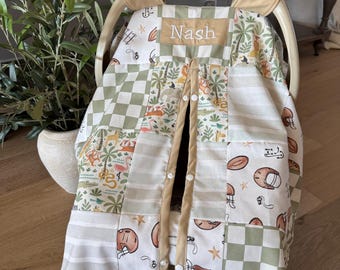Safari Animal Custom Patchwork Baby Boy Car Seat Canopy Cover – Shower Gift