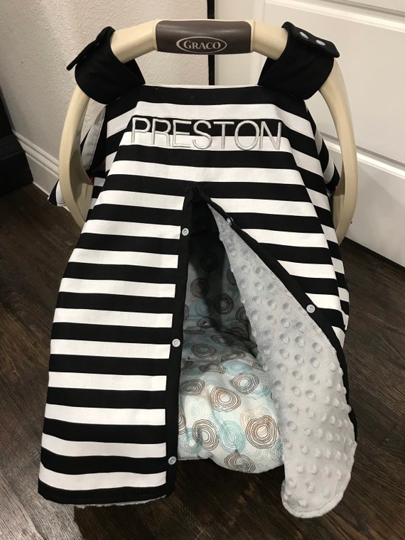 Baby Car Seat Covers Black and White Stripe With Gray Minky Baby