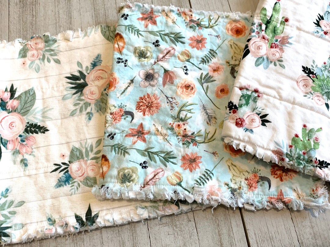 Super Soft Rag Baby Burp Cloths 3 Pc Set Floral, Desert Cactus, Leaves