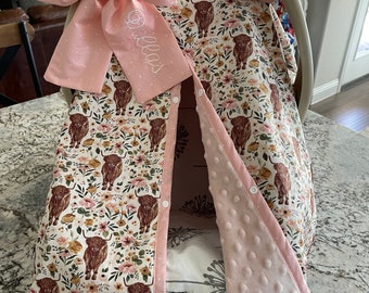 Baby Car Seat Cover for Girls - Highland COWS and Floral - All Cotton or Minky - Baby Girl - Shower Gift