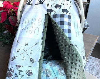 Cute Baby Car Seat Canopy Cover - Little Man Woodland Animal - All Cotton or Minky - Baby Boy - Shower Gift