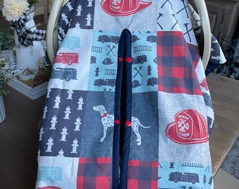 Cute Baby Car Seat Canopy Cover - Firefighters Fireman Firetruck Patchwork - All Cotton or Minky - Baby Boy - Shower Gift