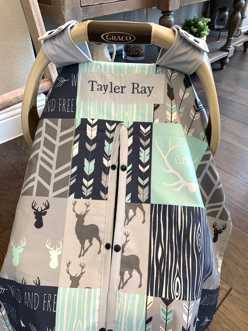 Cute Baby Car Seat Canopy Cover All Cotton or Minky Gray Shower Gift Navy Woodland Deer in Mint Baby Boy