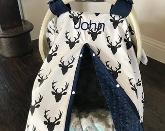 Mod Baby Car seat Covers -  Cotton - Deer Buck in Cream and Black with Navy minky - shower gift - antler - hunting - baby boy