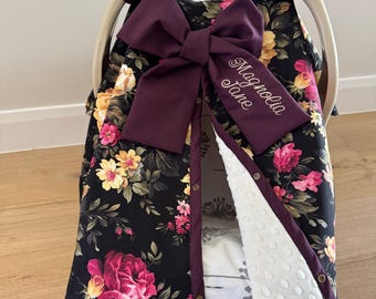 Baby - Black and Maroon Floral Roses Baby Car Seat Cover - Baby Shower Gift - Baby Girl