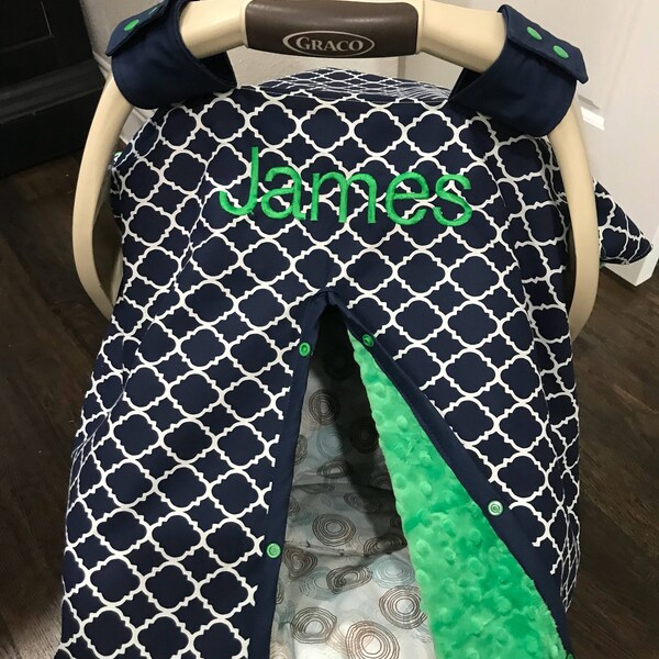 Baby Car Seat Cover - Navy Quatrefoil with Kelly Green Minky and trim - All Cotton - Baby Boy - Canopy Cover